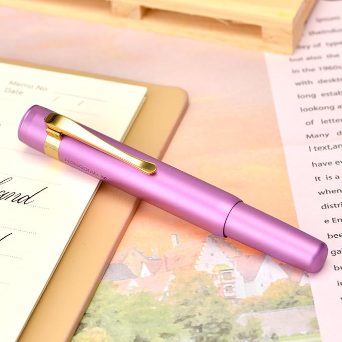 Hongdian M2 Mini Fountain Pen with Extra Fine Soft Golden Nib, Sleek Shape Aluminium Short Pocket Travel Pen (Lilac Purple)