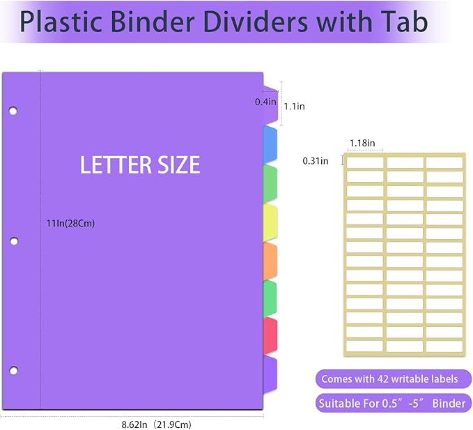 16Pcs/2 Sets Binder Dividers for 3 Ring Binder,8 Tab Binder Plastic Page dividers with Tab,8TAB Set,Multicolor