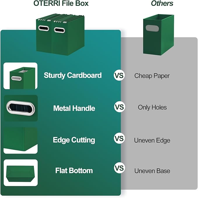 Oterri File Organizer, Small Storage Box, Cardboard File Folder Organizer, Collapsible File Box, Hanging File Organizer for Letter Size, Portable File Box with Handle, Only Box (Dark Green,8 Packs)