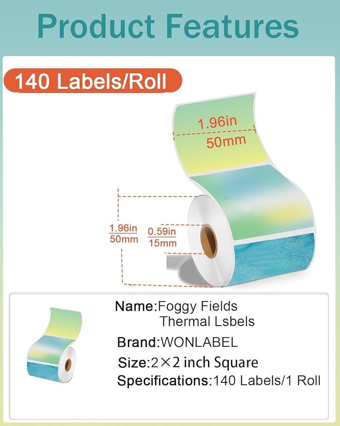 2inch Square Thermal Labels Self-Adhesive, 140 PCS/Roll Printer Labels for Business and Home, Thermal Sticker for/Shipping/Packaging/DIY Logo Design/Thanks Card/Inventory