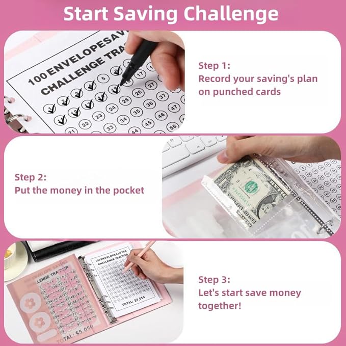 HIPPITO 7.9''x7.9'' Mini 100 Envelopes Money Saving Binder, Storage Saving Budget Book for 100 Envelopes Money Saving Challenge Kit, Gift as a Challenge Book for Lovers to Save $5,050