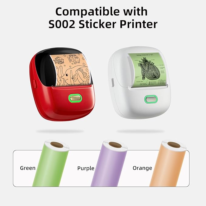 Green/Purple/Orange Self-Adhesive Thermal Paper, Printable Sticker Paper for ORGSTA S002 Portable Sticker Printer, 57mm x 3m Mini Printer Paper for Journal, Photo, Study Notes - 3 Rolls