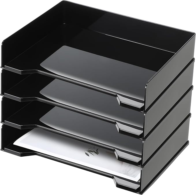 4 Pcs Stackable Letter Tray Rectangular Plastic Desk Organizer 13 x 9.5 x 2.6 in Paper Holder File Tray Accessories Rack for Desktop Office Desk Drawers (Black)