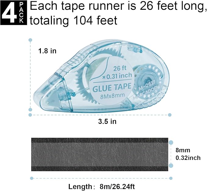 Glue Tape for Scrapbooking, Pack of 4 Scrapbook Tape, Double Sided Tape Roller for Crafts, 26 Ft x 0.31 in Tape Runner, Craft Supplies for Scrapbooking, Gift Wrapping and Photo Tape.