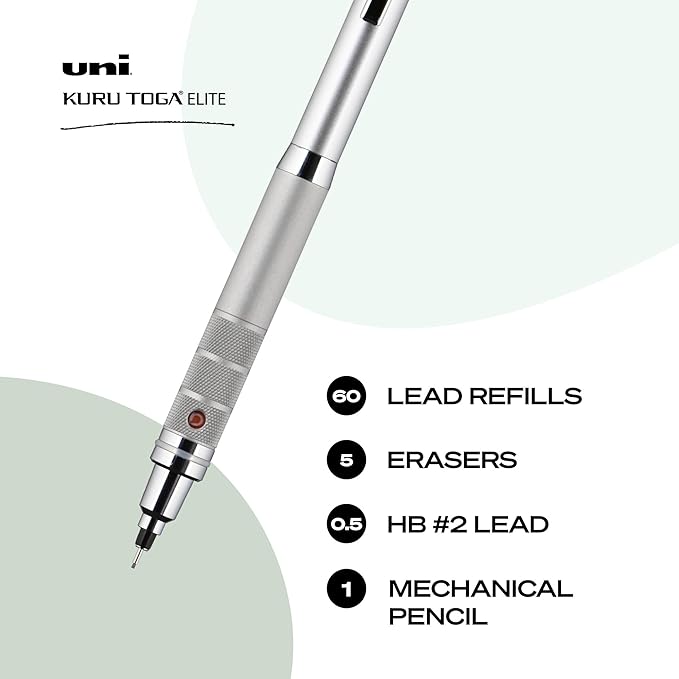 Uniball Kuru Toga Elite Mechanical Pencil Starter Kit with Silver Barrel and 0.5mm Tip; 60 Lead Refills; and 5 Pencil Eraser Refills; HB #2; Office Supplies; School Supplies; Drafting