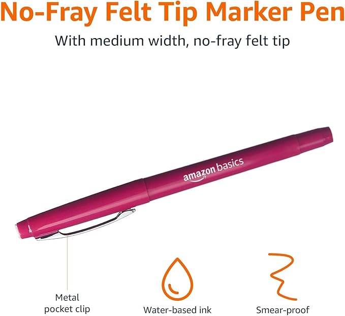 Amazon Basics Felt Tip Markers, Assorted Colors, 24-Pack