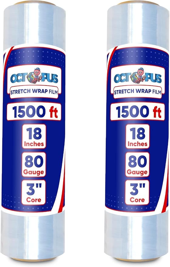 OCTOPUS Stretch Wrap, Industrial Strength 2 Roll Clear, 18” x 1500 feet, 80 Gauge (20 Micron), Heavy Duty Plastic Shrink Film for Packing, Wrapping, Bundling, Shipping, Pallets, and Moving Essentials