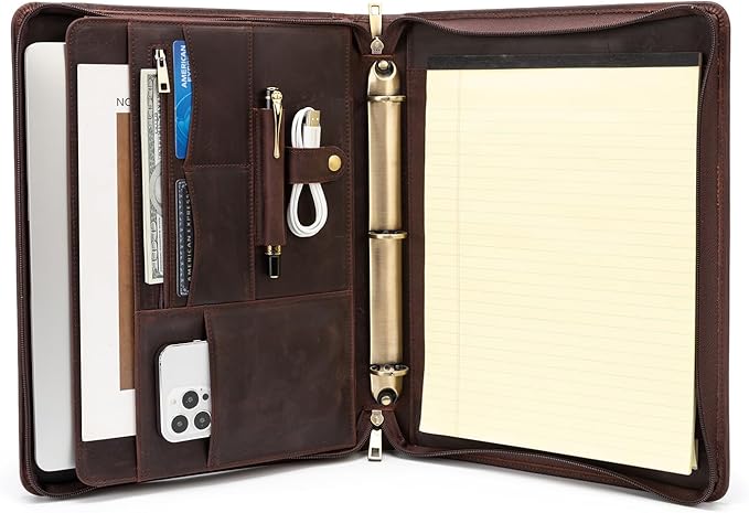 YIWEN Handmade Crazy-Horse Leather 3 Ring Binder Portfolio Padfolio Folder with Zipper for Men and Women, Business Organizer for Letter A4 Size for Meeting and Travel (Non-custom, Dark Brown)