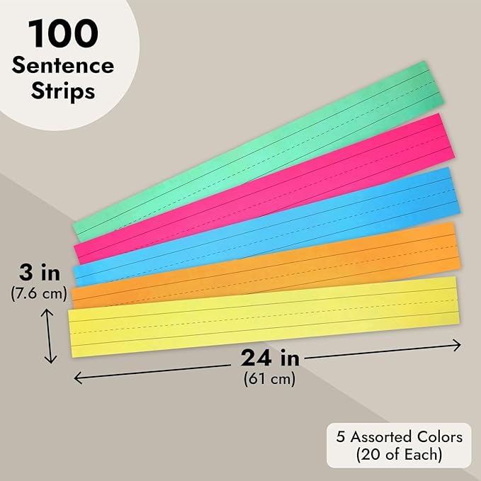 Juvale Colored Sentence Strips for Teacher Supplies, Classroom, Lined Paper Borders for Writing Words (5 Colors, 3 x 24 Inch) - 100 Pack