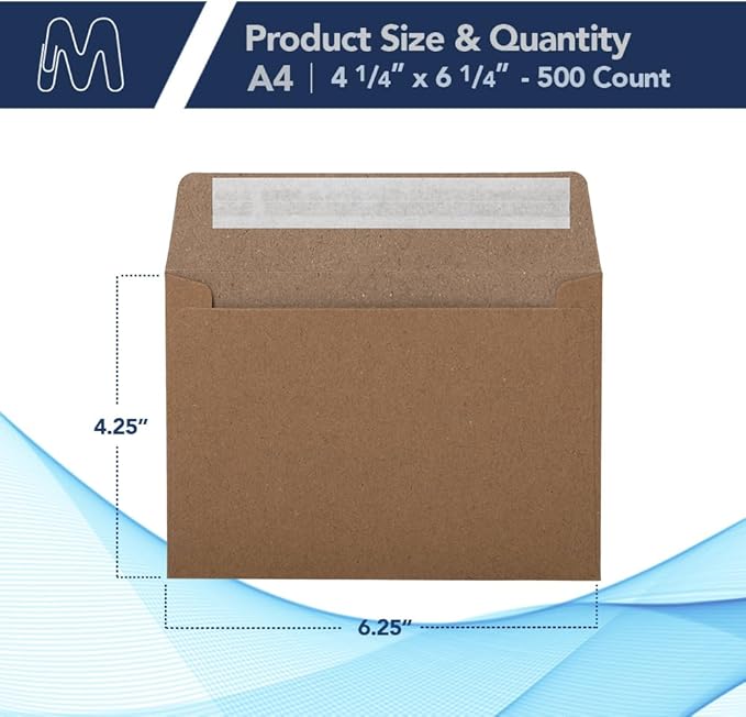 MOS A4 Invitation Envelopes – 4-1/4" x 6-1/4" Kraft Mailing Envelopes Self Seal (500 Count) – 120GSM/ 32LB Bond Heavy Duty – For Greeting Cards, Card Making, RSVP Cards, Wedding Invites