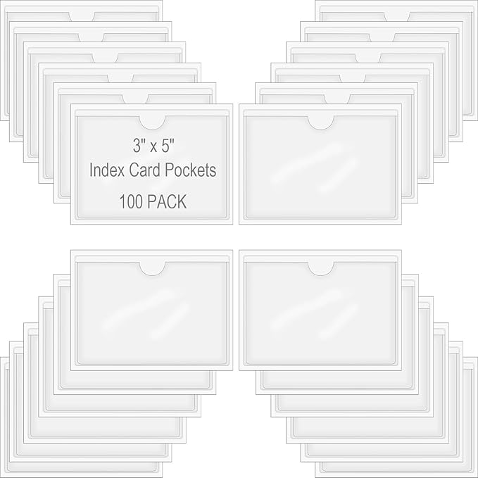 100 Pack Self-Adhesive Index Card Pockets for 3" x 5" Card,Clear Plastic Labels Holders with Top Open for Loading, Storage Bins, Library and Bins