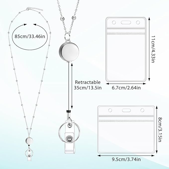 Prudiut Lanyards for Id Badges Stainless Steel Badge Lanyards with 2 Pcs Waterproof Id Badge Holder Retractable Id Badge Lanyards Teacher Lanyard for Cruise Ship Key Cards Id Badges