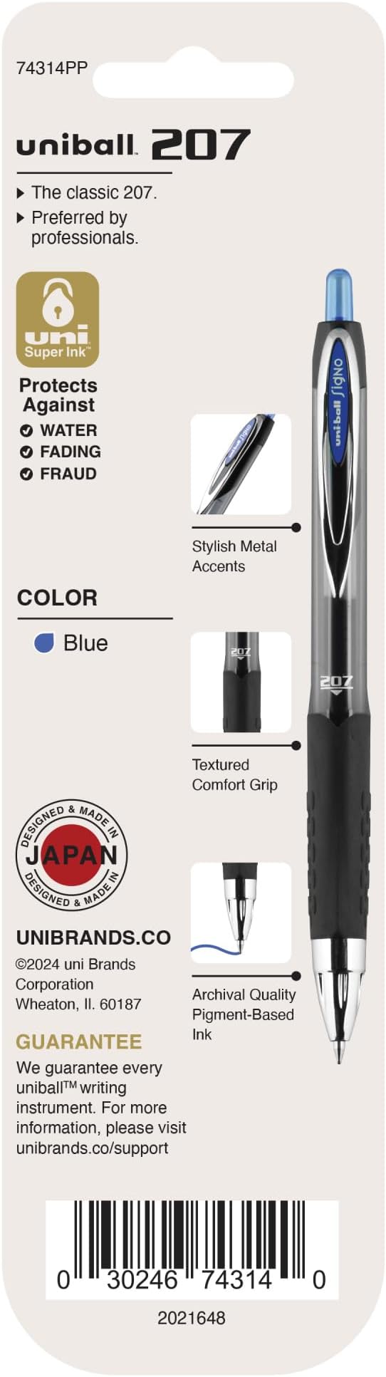 Uniball Signo 207 Gel Pens, 0.7mm Medium Blue, 2 Pack, Archival-Quality Ink, Quick-Drying, Water-Resistant, Stainless Steel Tip