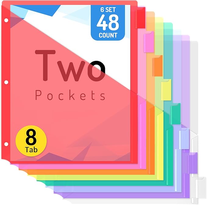 Forvencer 48 Count Dividers with Pockets, 8 Tab Dividers for 3 Ring Binder with Pockets, Subject Dividers with Pockets, Premium Quality Notebook Dividers with Pockets, Vibrant Color, 6 Sets