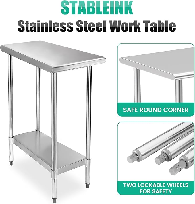 STABLEINK NSF Stainless Steel Table, 30 x 14 Inches Metal Prep & Work Table with Adjustable Undershelf, for Commercial Kitchen, Restaurant, Hotel and Garage,Small Stainless Steel Table