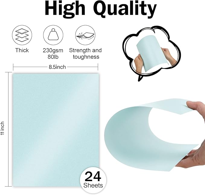 24 Sheets Blue Shimmer Cardstock 8.5 x 11 Metallic Paper, Goefun 80lb Card Stock Printer Paper for Invitations, Weddings, Parties, Showers