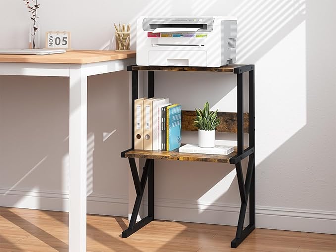 aboxoo Desktop Printer Stand with 3 Tier Wood Storage Shelves,Under Desk Printer Table,Multi-Purpose Home Office Desk Organizer for Fax Machine, Scanner (Brown)