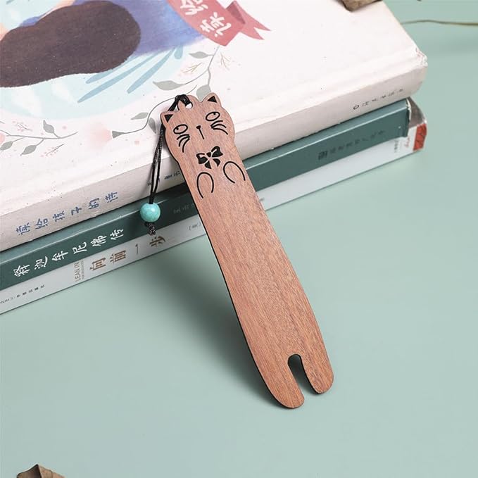 Wood Cat Bookmarks - Set of 4 Cute Bookmarks Aesthetic, Wooden Bookmarks Anime Cat Bookmark for Women Girl Kids, Kawaii Bookmark for Book Lover Cat Lover Friends Best Gifts (Acid Redwood)