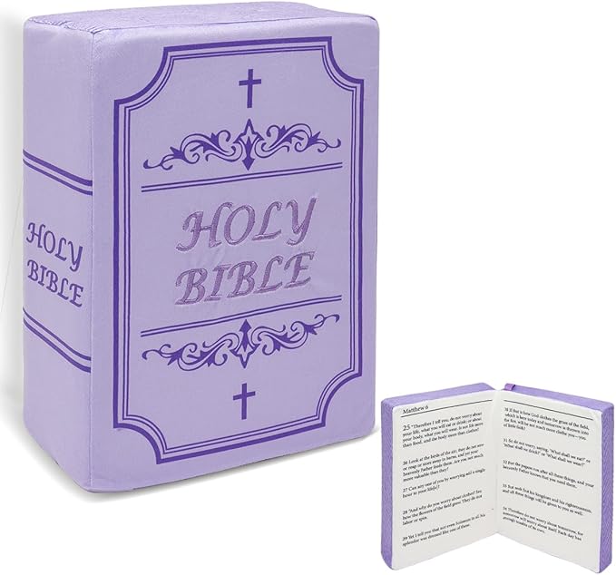 Bible Pillow Book Plush That Opens Christian Holy Bible Stuff Religious Party Favors Gifts for Kids for Christening Easter (Purple)
