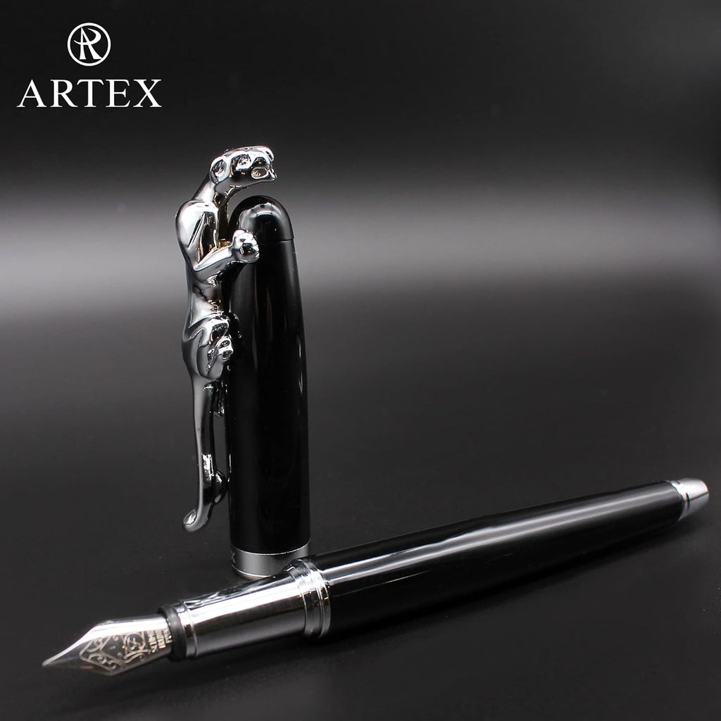 Stylish Fountain Pen : Luxury,Elegant, Germany F Fine Nib, Gift for Men & Women, Professional, Executive, Metal, Gift Box (Black/Silver (Leopard))