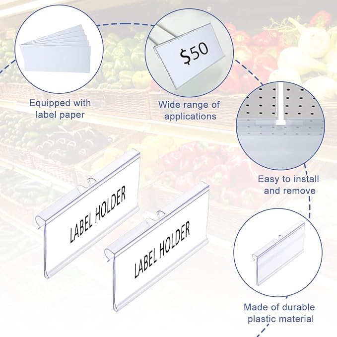 Diteje 20 Pack Plastic Wire Shelf Label Holder,Shelving Rack Retail Sign Hook Labels Clip On with Paper Inserts, 3.94x1.50inch