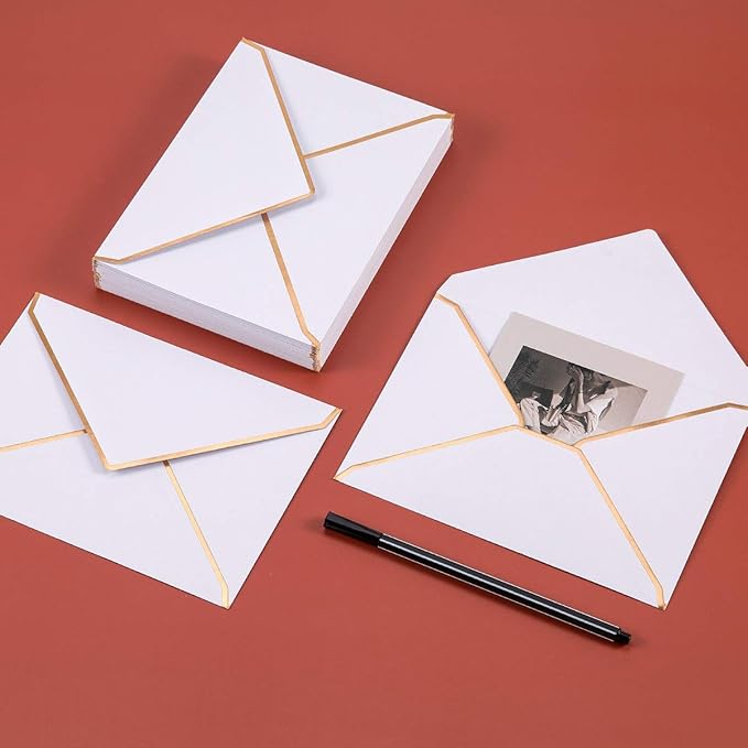 50 Pack White A6 Envelopes 4x6 Self-Adhesive V Flap Envelopes with Gold Border for Office, Greeting Card, Wedding, Graduation, Baby Shower, Parties, Invitations (White, 4x6)