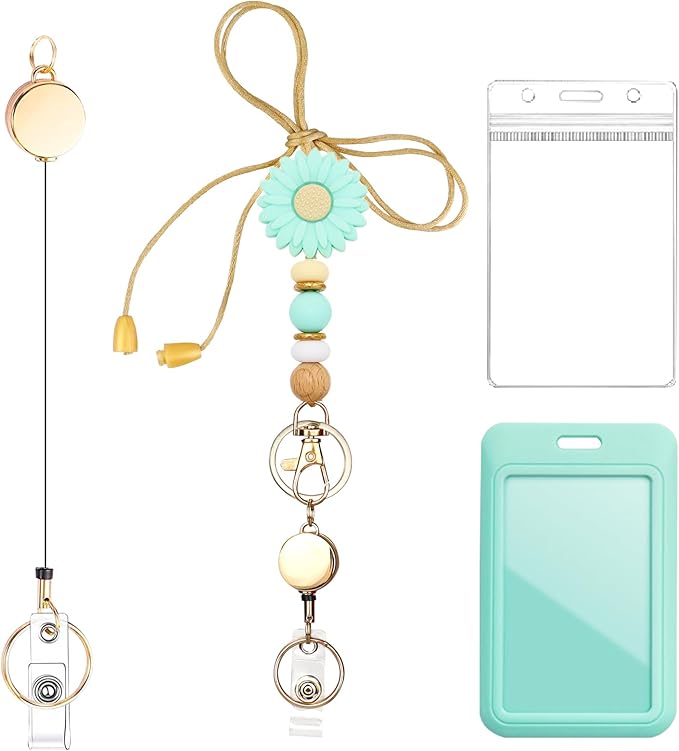 Colorful ID Badge Holder with Silicone Beads Lanyard Set,Cute Teacher Breakaway Lanyard for Keys & Keychain with Cute Retractable Badge Reel Holder,Gift for Women,Nurse, Teacher. (X)