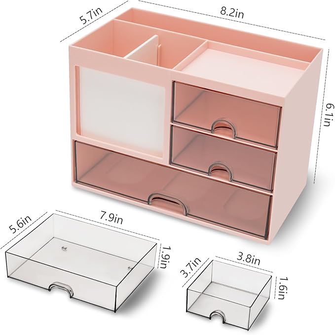 Desk Organizer with 3 Drawer, Multi-Functional Pencil Pen Holder for Desk, Desk Organizers and Storage with 8 Compartments, Desktop Organizer for Office Home Art Supplies (Pink)