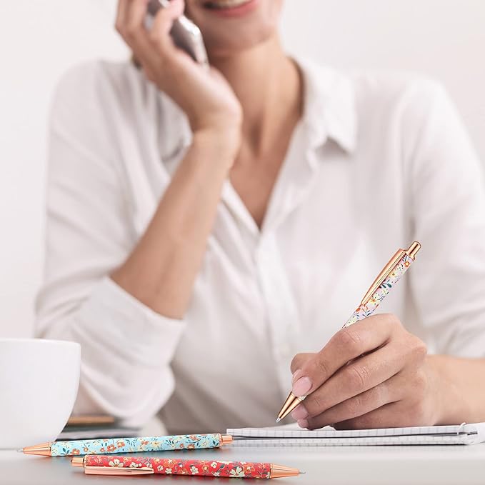 Glenmal 12 Pcs Flower Pens for Women Floral Ballpoints Pretty Fancy Pens Retro Floral Cute Ballpoints Black Ink Metal Retractable Writing Journaling Gifts for Office Supplies