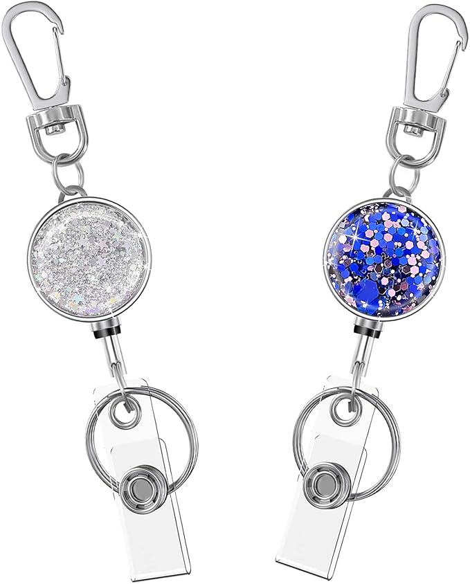 2 Pack Retractable Keychain, Retractable Badge Holder with Cord and Carabiner Key Chain, Badge Reel for Id Card Holders Women Nurse Teacher Student (Silver, Bling Purple)