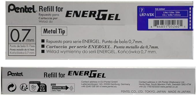 Pentel Refill Ink - For EnerGel Gel Pen, 0.7mm Metal Tip, Medium, Lilac Ink, 12 Pack (LR7-V3)