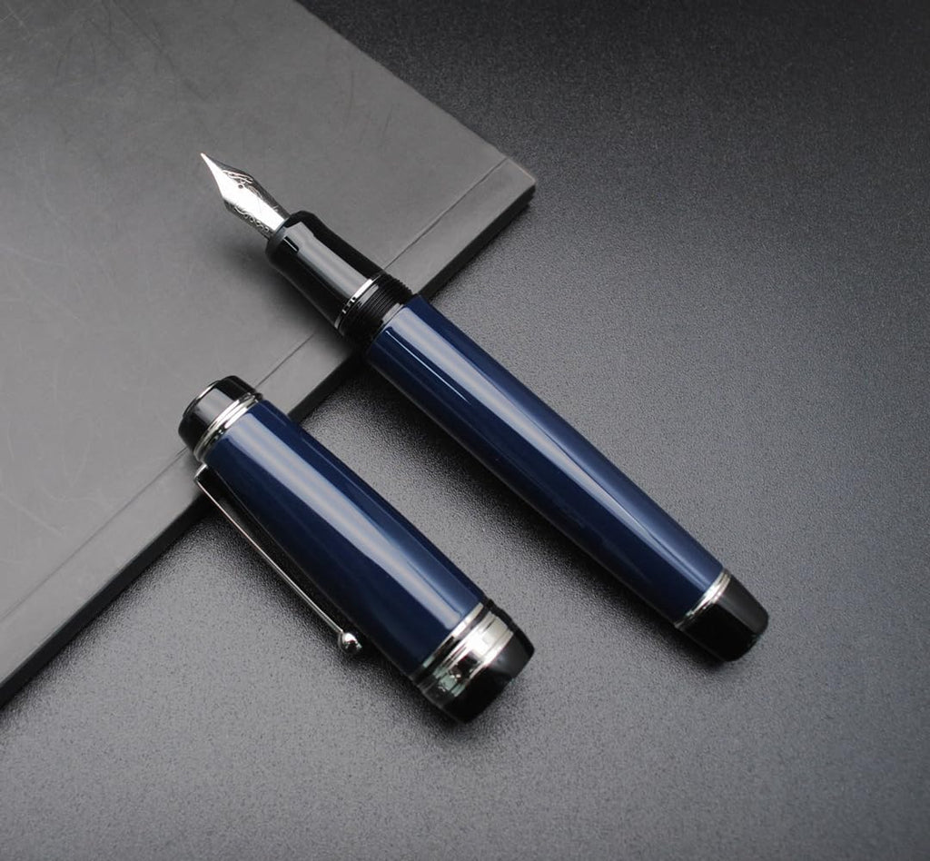 Metal Big Fountain Pen Set Medium Nib 0.7mm, Includes Ink Refill Converter, 5 Ink Cartridges & Gift Box (Medium Nib 0.7mm, Dark Blue with Silvery Clip)