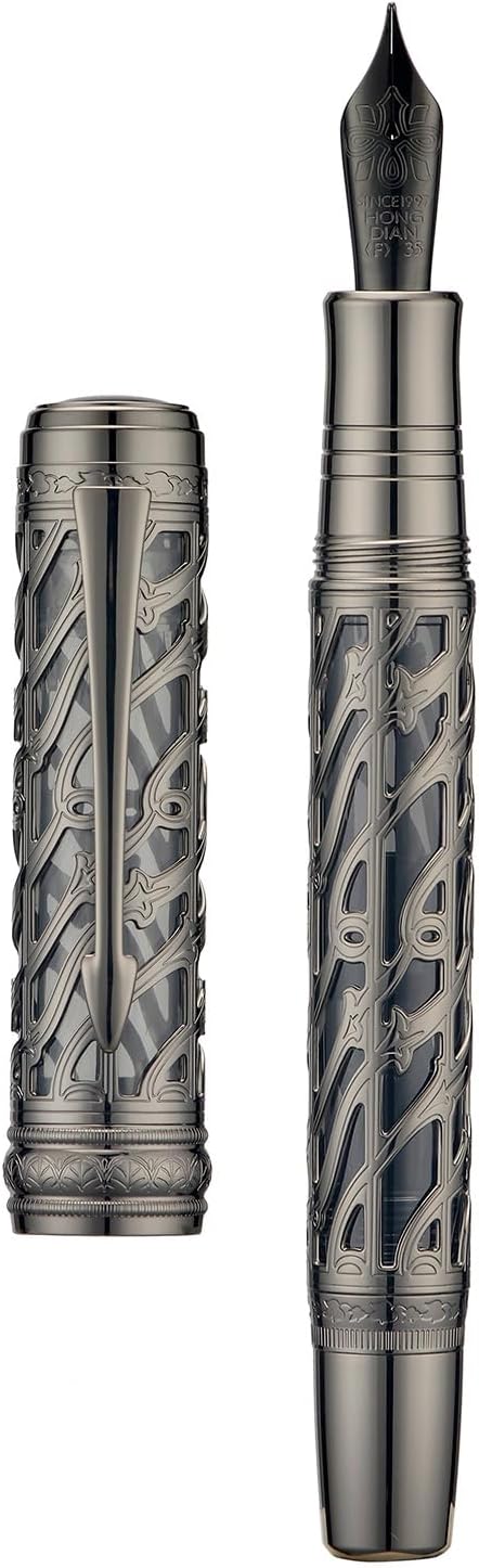 Hongdian A6 Piston Fountain Pen Extra Fine Soft Nib, Jet Black Hollow Skeleton & Resin Pen with Metal Case Set