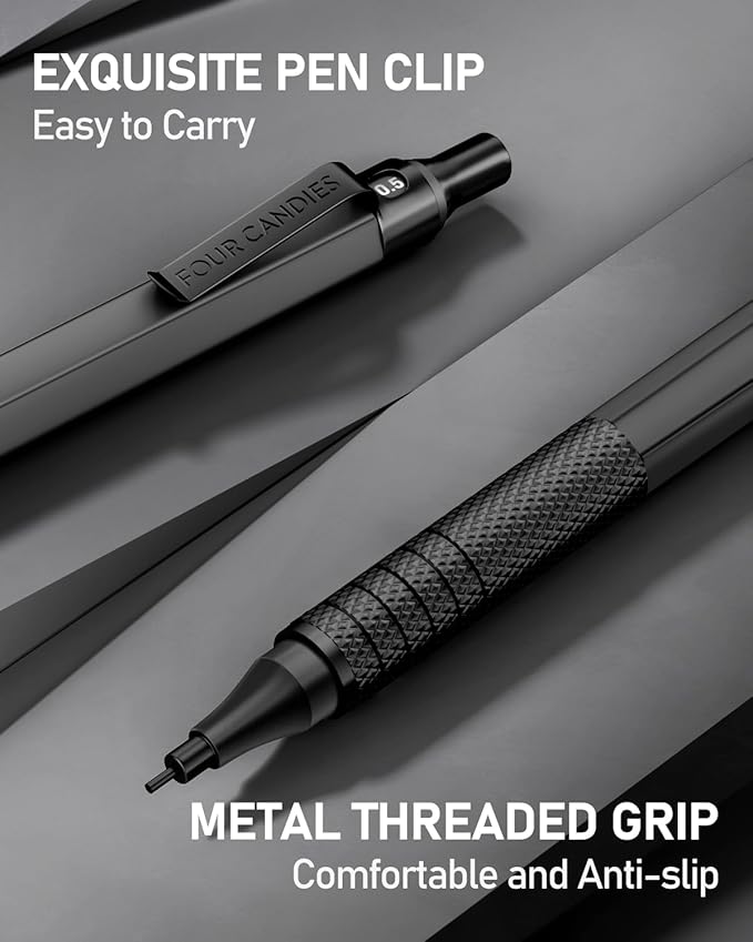 Four Candies 2PCS Metal Mechanical Pencils Set with Case, 0.5mm & 0.7 mm Artist Pencil with 6 Tubes (360PCS) HB Lead Refills, 3 Erasers,9 Eraser Refills For Writing Drafting, Drawing, Black&Silver