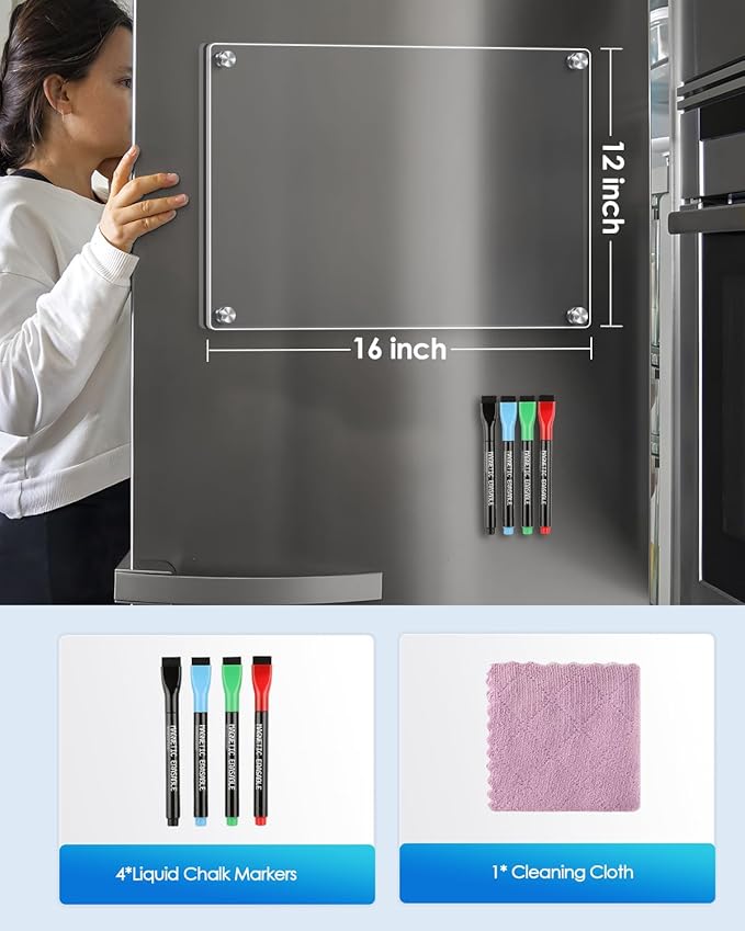 MaxGear 16"x12" Acrylic Dry Erase Board, Clear Magnetic Fridge WhiteBoard Mini Acrylic Memo Notepad for Refridgerator, Kitchen Menu Board Meal Planner Schedule Board, Include 4 Markers, 1 Cloth