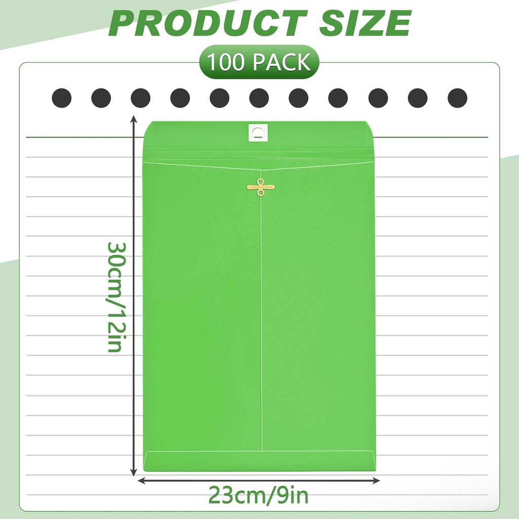Geyee 100 Pcs Clasp Manilla Envelopes 9 x 12 Inch Gummed Colored Envelopes for Storing or Mailing for Home Office Business Supplies(Green)