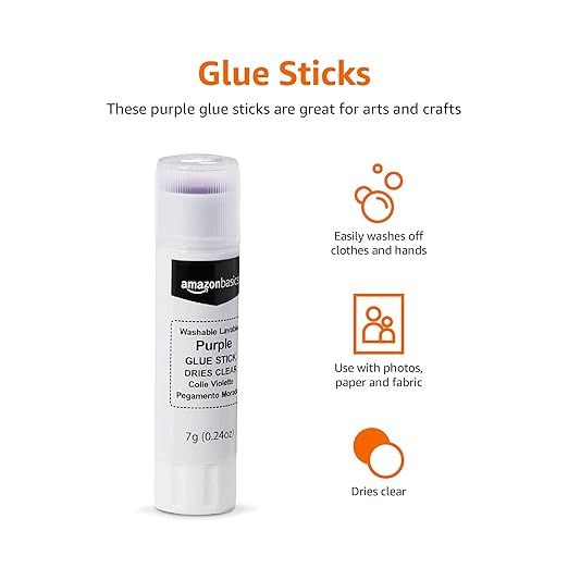 Amazon Basics Purple Washable School Glue, Dries Clear, 0.24-oz. Sticks, 8 Pack of 60, 480 Count Total