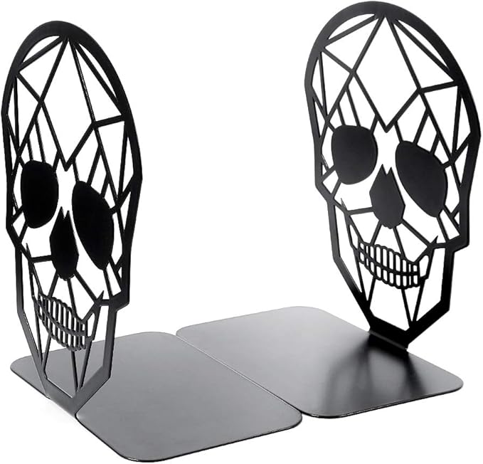Metal Skull Design Black Bookend - Heavy-Duty Bookends for Shelves, Skull Book Ends for Heavy Books, Book Shelf Holder Home Office Decorative Desktop Organizer (2 Pair)