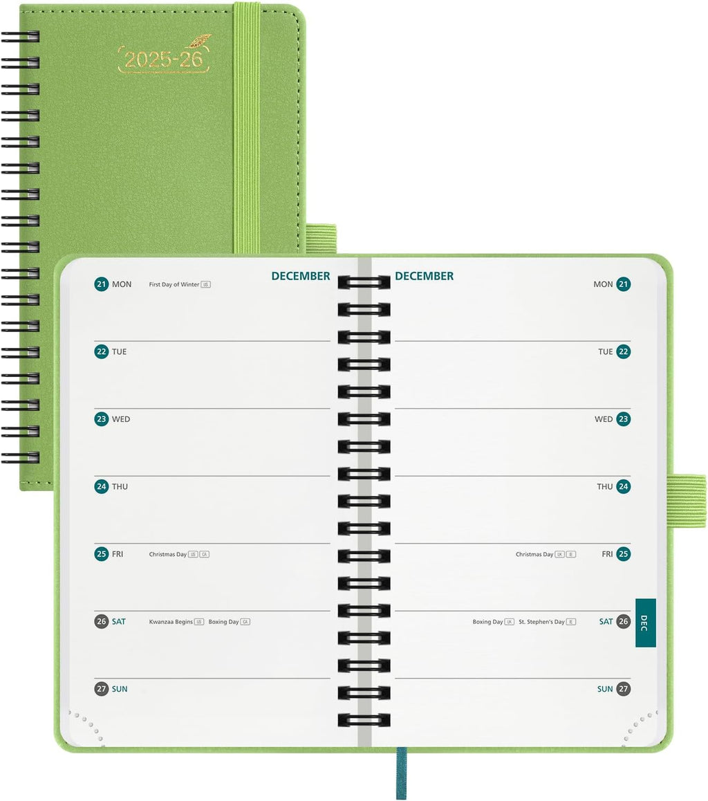 BEZEND Pocket Planner 2025-2026 Weekly with 2 Columns, 18-Month Academic Calendar (Jul 25-Dec 26), Life Work App., Storage Pocket, Pen Holder, PU Leather Softcover 3.5" x 6" Spiral - Fruit Green