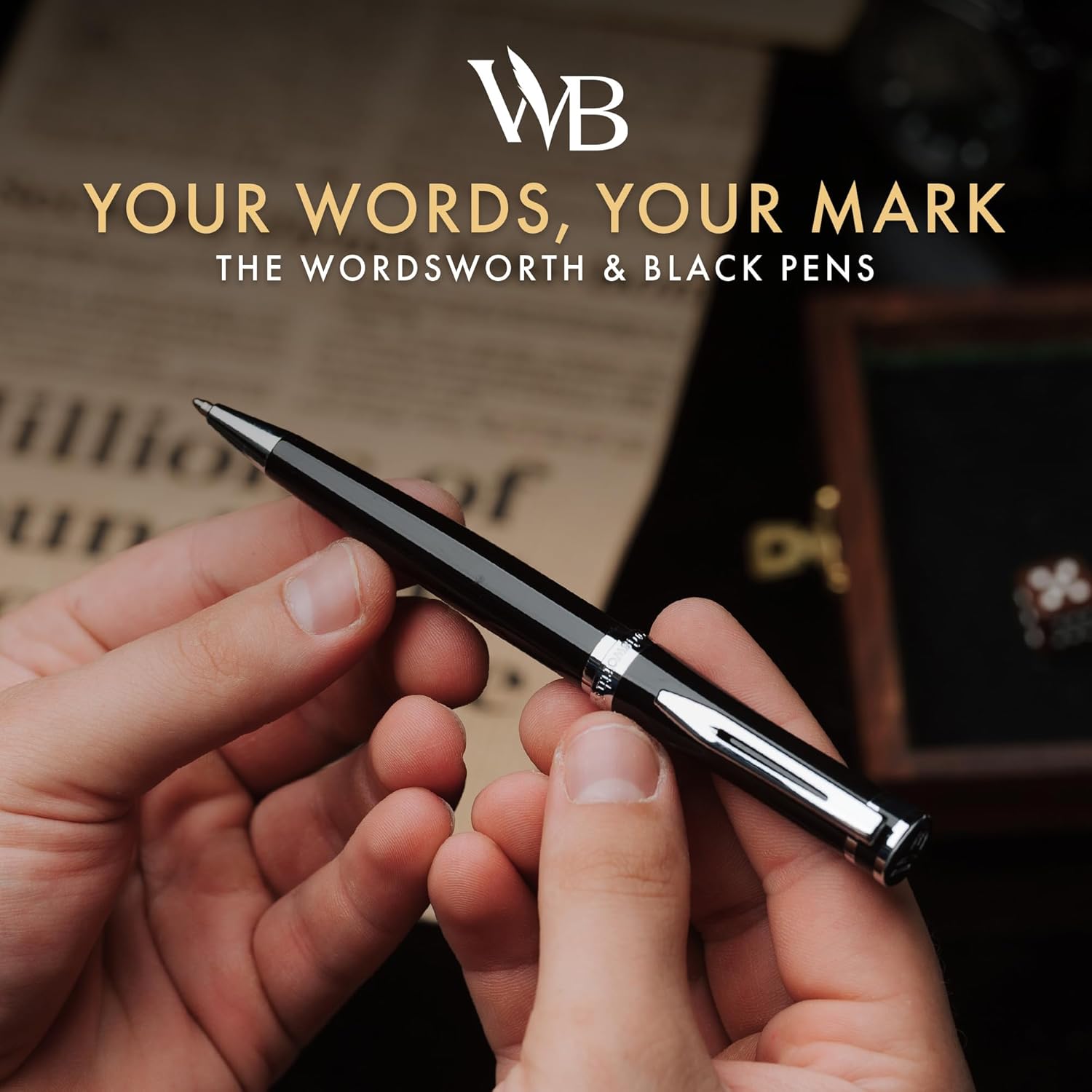 Wordsworth and Black Ballpoint Pen Black Lacquer- Stunning Luxury Pen Chrome Finish, Ink Refill, Best Gift Set for Men & Women, Refillable, Elegant, Nice Pens, Fine Point
