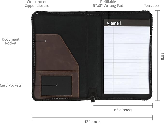 Samsill Small Vintage Portfolio/Zipper Faux Leather Portfolio, Book Style Hardback Design, Business & Interview Padfolio Organizer, Holds 5 x 8 Writing Pad, Dark Brown