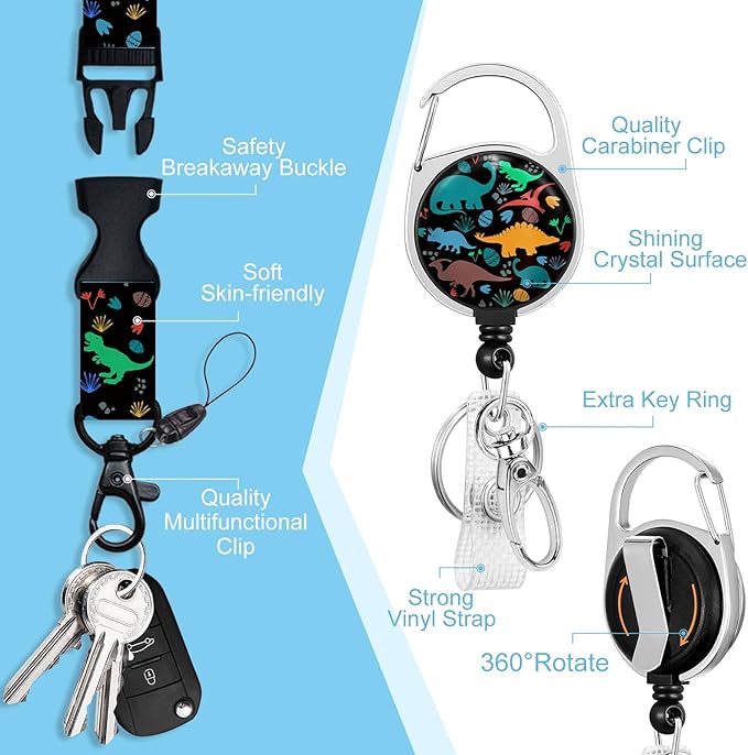 Lanyards for Id Badges, Cute Badge Holder with Retractable Badge Reel Clip, Dinosaur Work Card Name Tag Keychain Lanyard Vertical ID Card Protector for Women Nurse Doctor Teacher Student