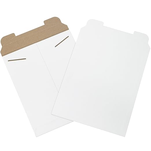 Aviditi 11" x 13 1/2" Stayflats Rigid Flat Mailers, White, For Keeping Documents, Photos, and Artwork Protected During Shipping (100 Pack)