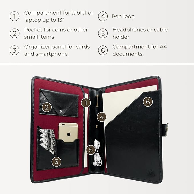 Time Resistance Leather Portfolio - A4 Business Folder - Document Organizer Folio - Case for 13" Laptop - Gift Box Included