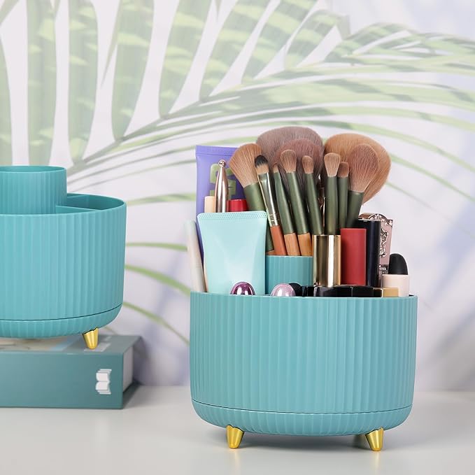 SKYDUE Makeup Organizer, Rotating Pencil Pen Holder for Desk, Dual-Purpose Desktop Organizer for Cosmetics & Pens, Makeup Brush Holder with 5 Slots, Pencil Cup for Office, Home