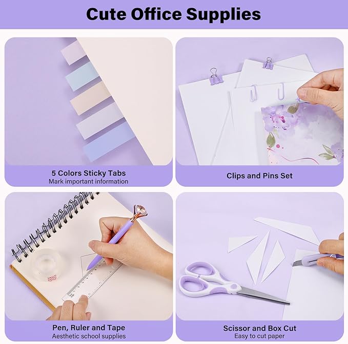 Purple Office Supplies Set 14pcs - Cute Desk Supplies Kit, Stapler and Tape Dispenser Set, Office Essentials Desk Accessories Aesthetic for Women, Students, Teacher