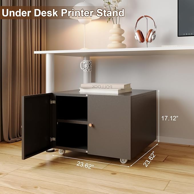 Small Space Printer Stand with Doors, Metal Fax Machine Stand with Storage, Low Printer Table, Black Modern Under Desk for Home Office, Small Carts for Scanner, Fax, Computer, Black