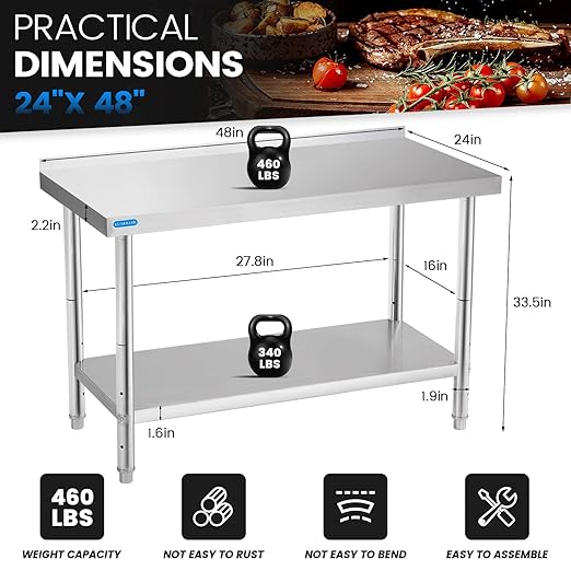 Stainless Steel Table for Prep & Work with Backsplash 24 x 48 Inches NSF Metal Commercial Kitchen Adjustable Under Shelf Worktable for Restaurant Home Outdoor