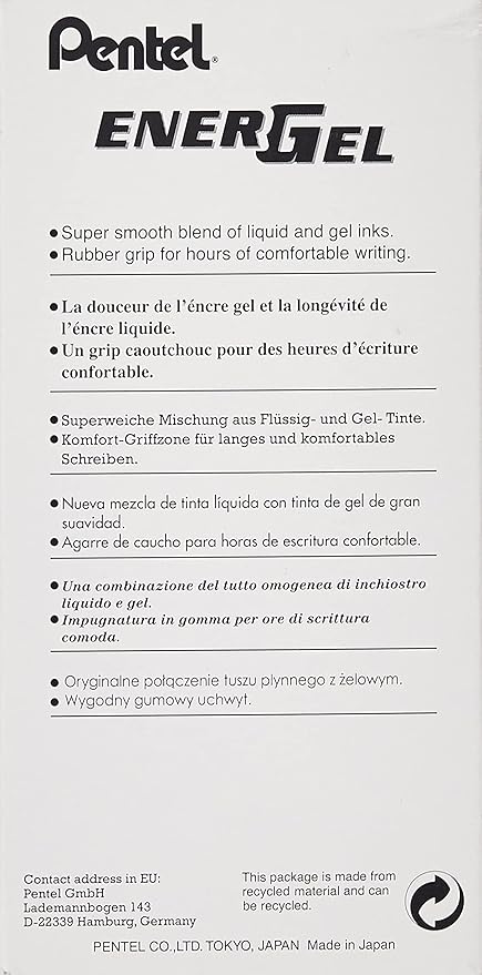 Pentel EnerGel NV Gel Ink Pen, (0.5mm), Fine Point Capped, Needle Tip, Black Ink, Box of 12 (BLN25-A)