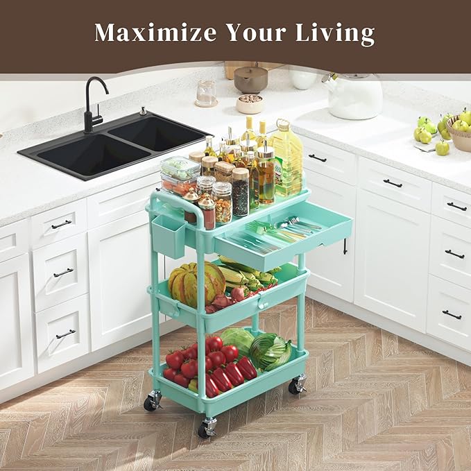 Rolling Utility Cart with Drawer 3 Tier, Utility Storage Organizer with Plastic Shelf & Lockable Wheels Multifunctional Storage Cart for Kitchen, Bathroom, Office, Living Room, Blue